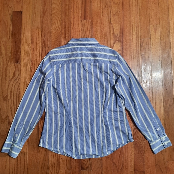 L.L.Bean Button Down Blouse, Women's Medium, Blue, Green, White Stripe/Dots - Picture 7 of 10